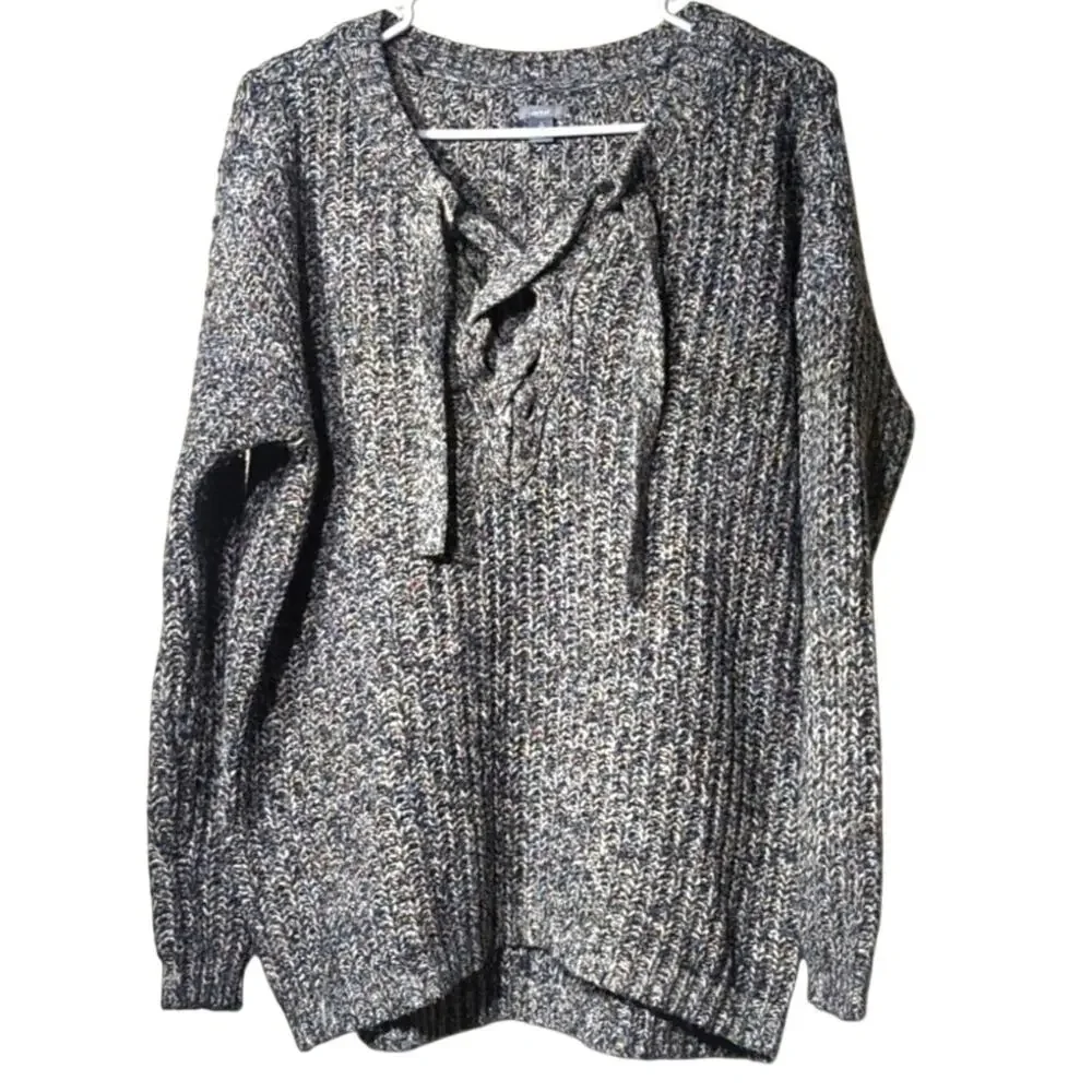 aerie Variegated Gray Woven Sweater with Criss Cross Tie Placket Women's Size SP